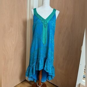 Hale Bob Silk Blend Boho Fringe Dress Teal Hi-Low Resort Maxi Size M